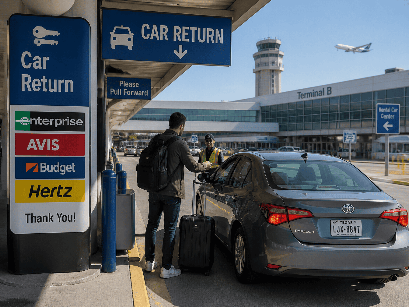 Traveler returning a rental car at an airport before a flight