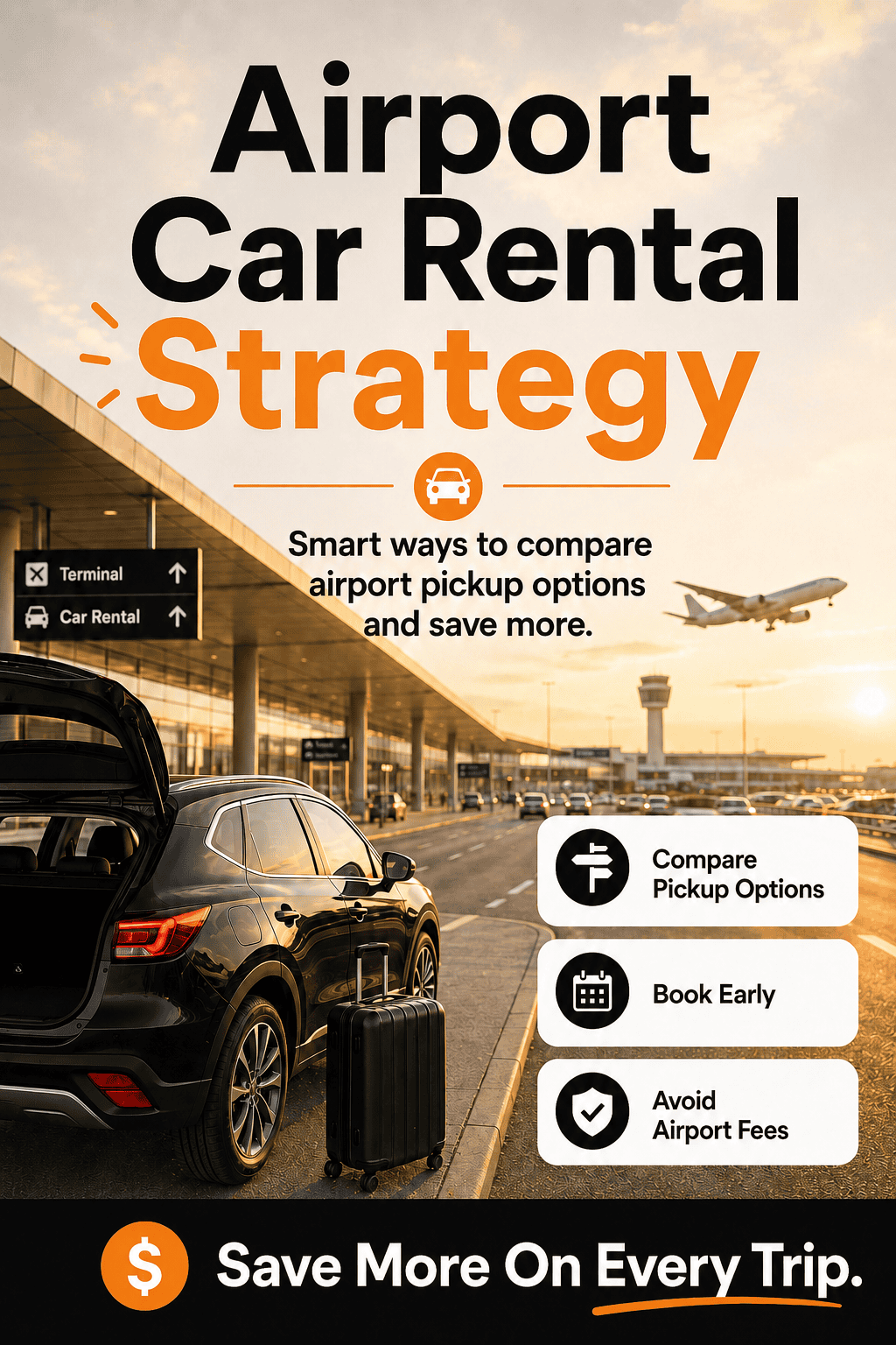 Airport car rental strategy guide image with rental car, luggage, terminal pickup signs, and tips for comparing pickup options, booking