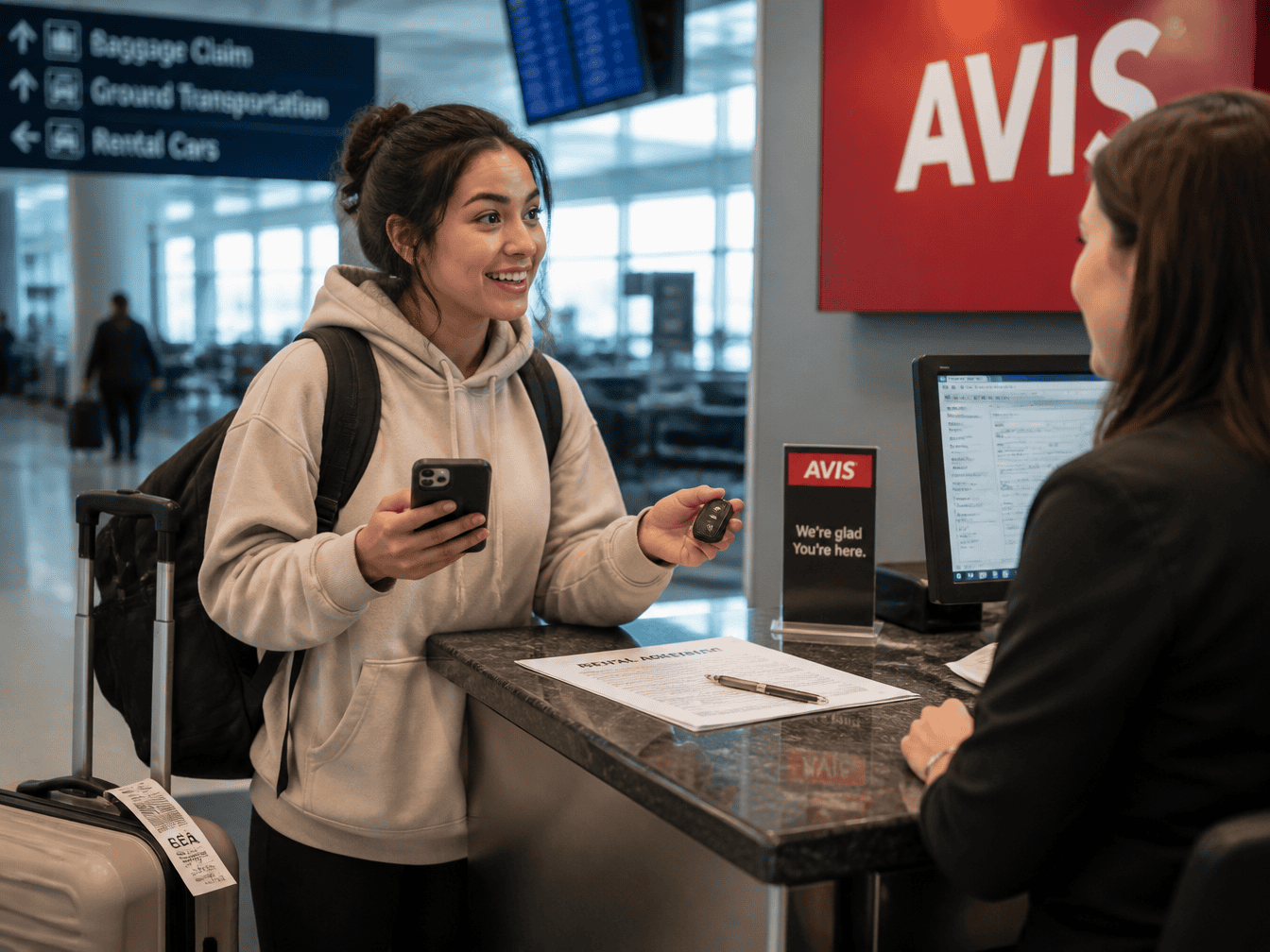 First-time traveler picking up an airport rental car with luggage and paperwork