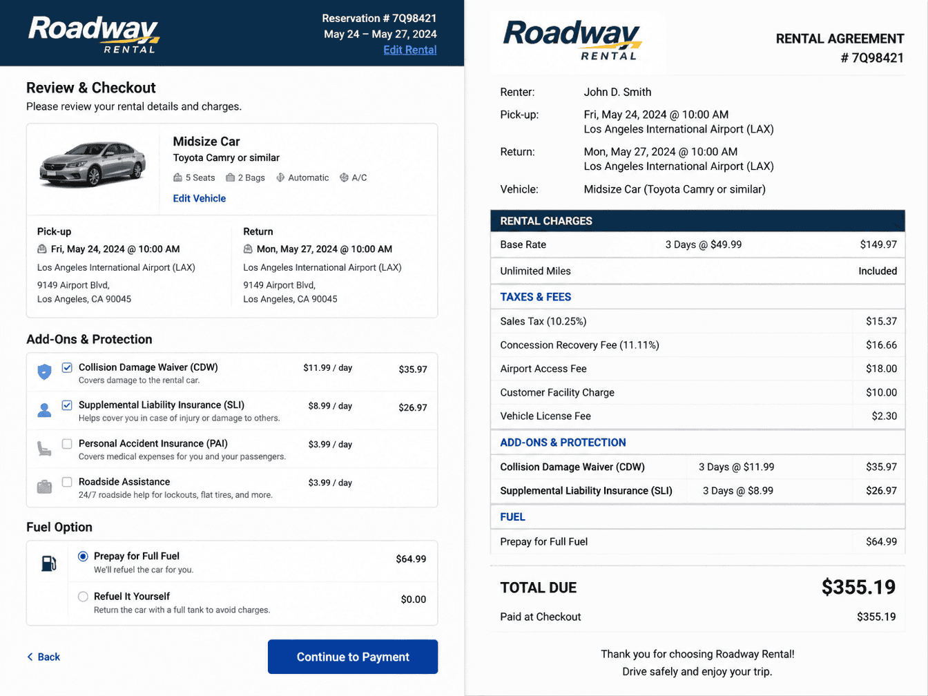 Checking hidden car rental fees before booking