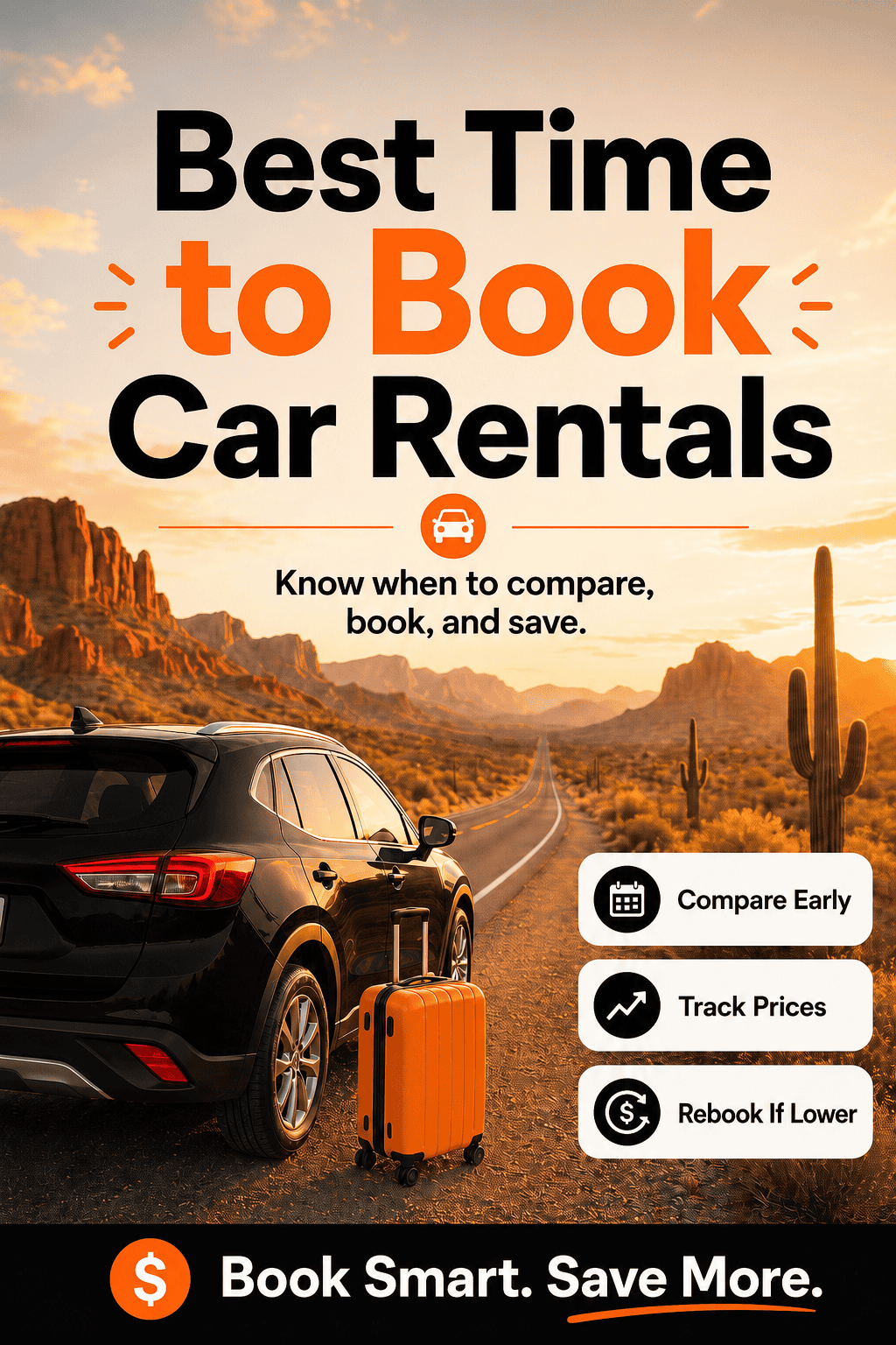 Best Time to Book Car Rentals guide with blue rental car, orange suitcase, and desert road background