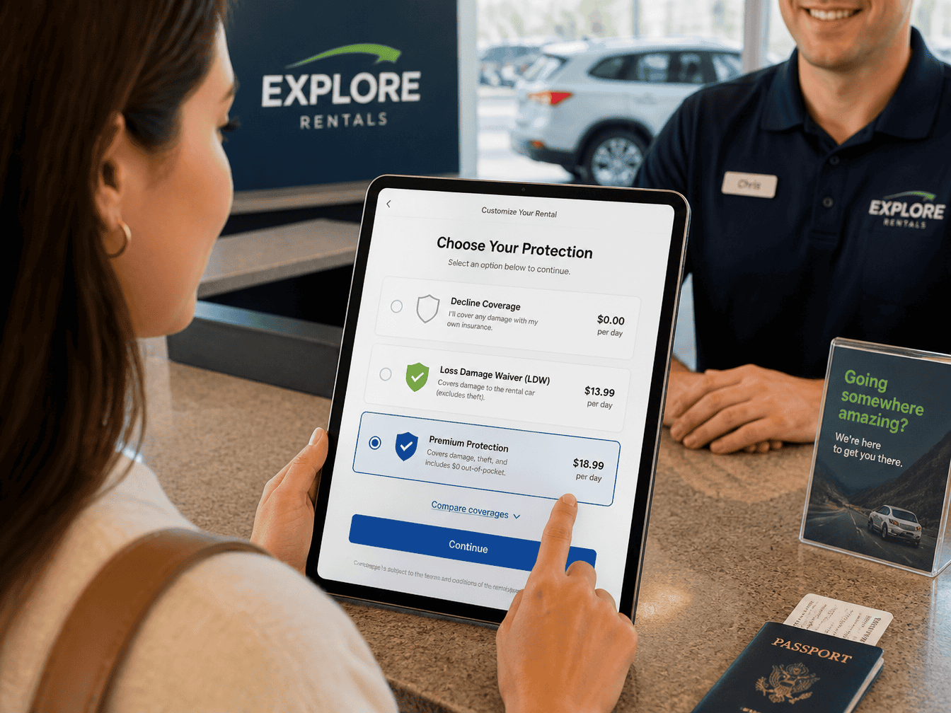 Traveler reviewing car rental insurance options before booking