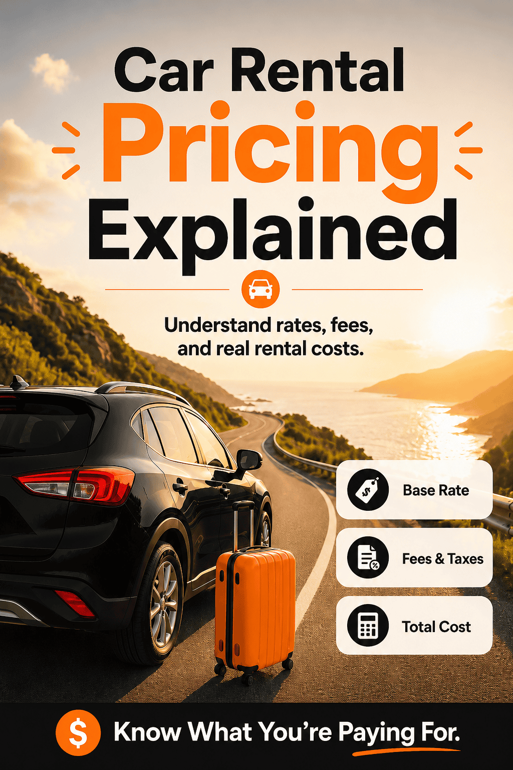 Car Rental Pricing Explained guide showing rental car costs, base rate, fees, taxes, and total price