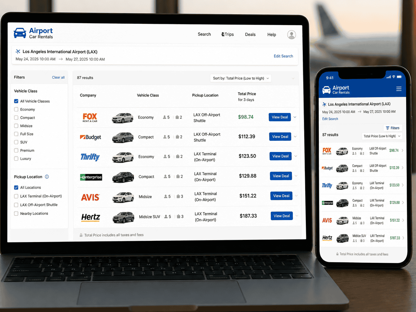 Comparing airport car rental prices by company and vehicle class
