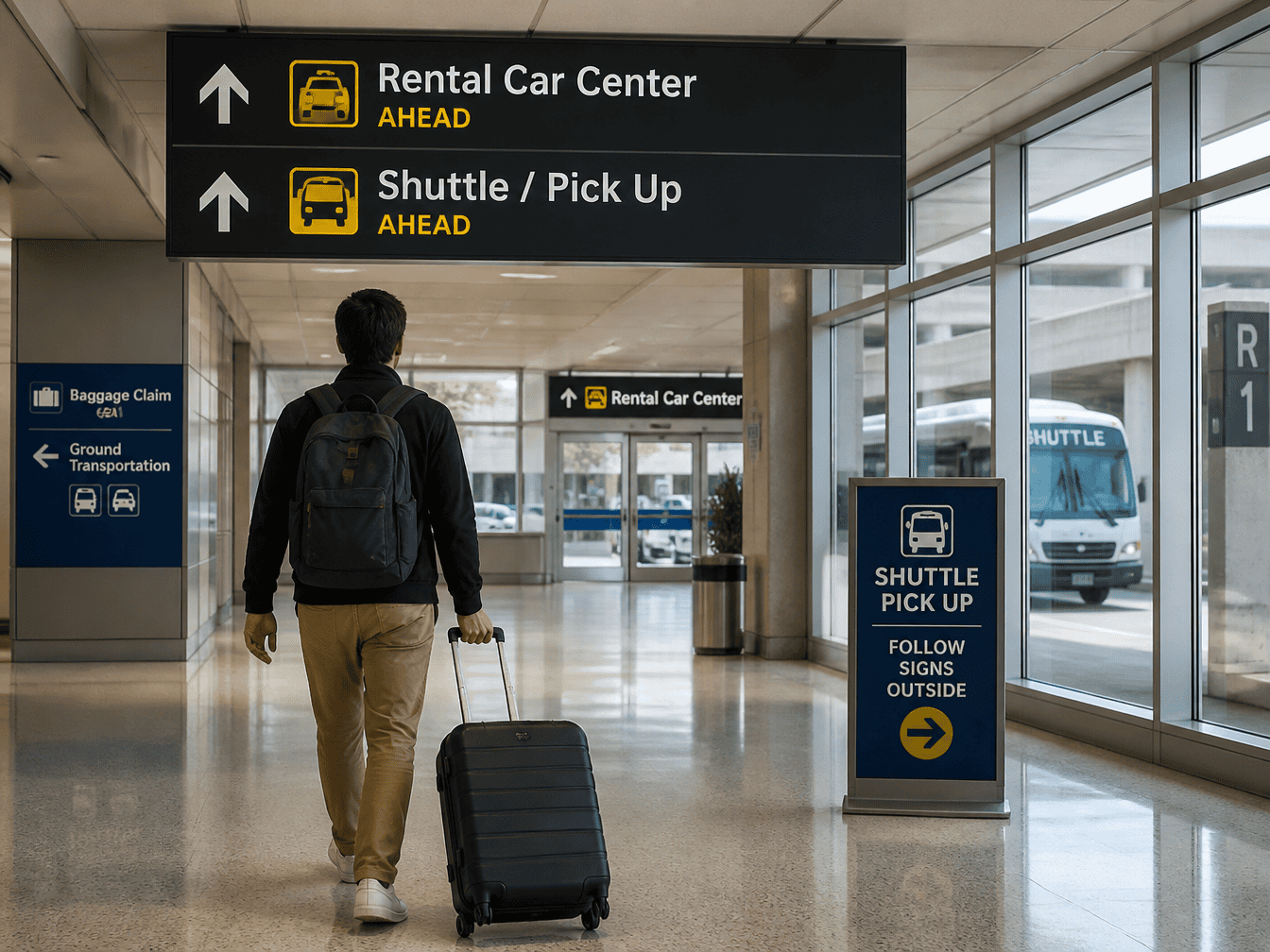 Traveler following signs for airport car rental pickup after a flight