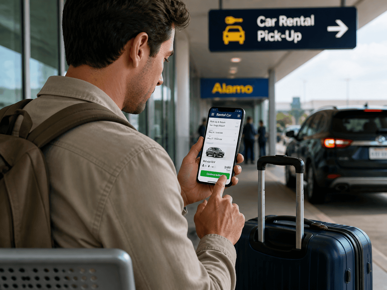 Traveler checking last-minute car rental options on a phone