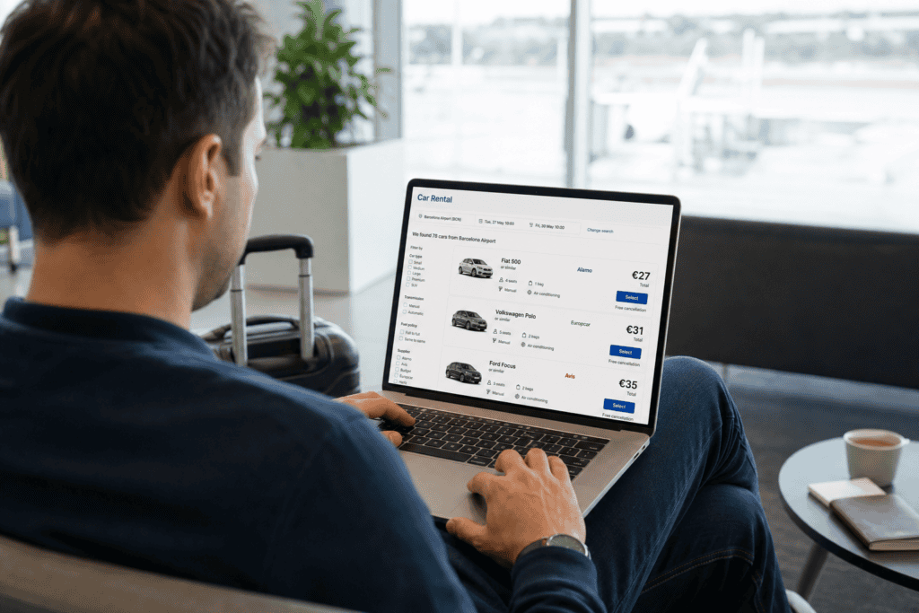 Traveler comparing rental car prices on a laptop