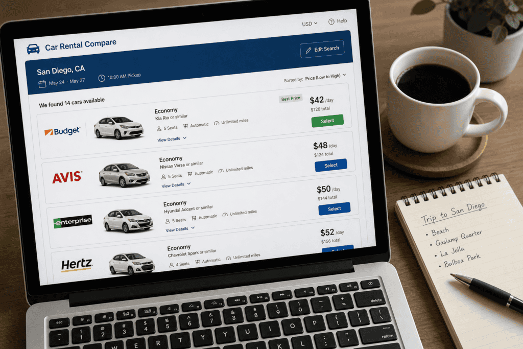 Laptop showing a car rental price comparison on a desk