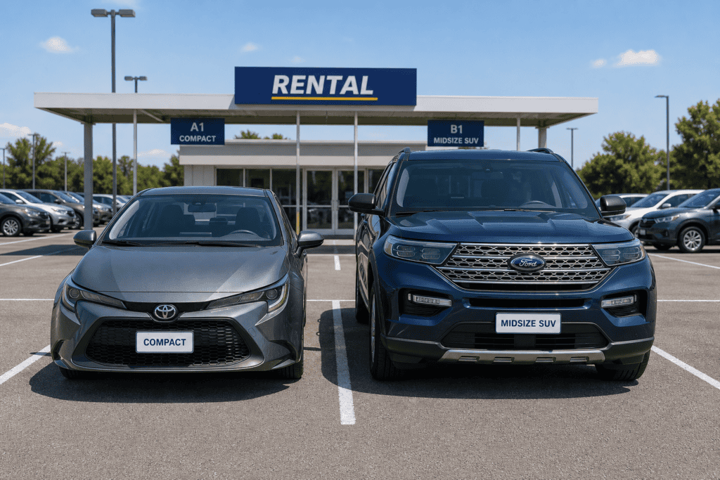 Compact car parked next to a midsize SUV in a rental car lot