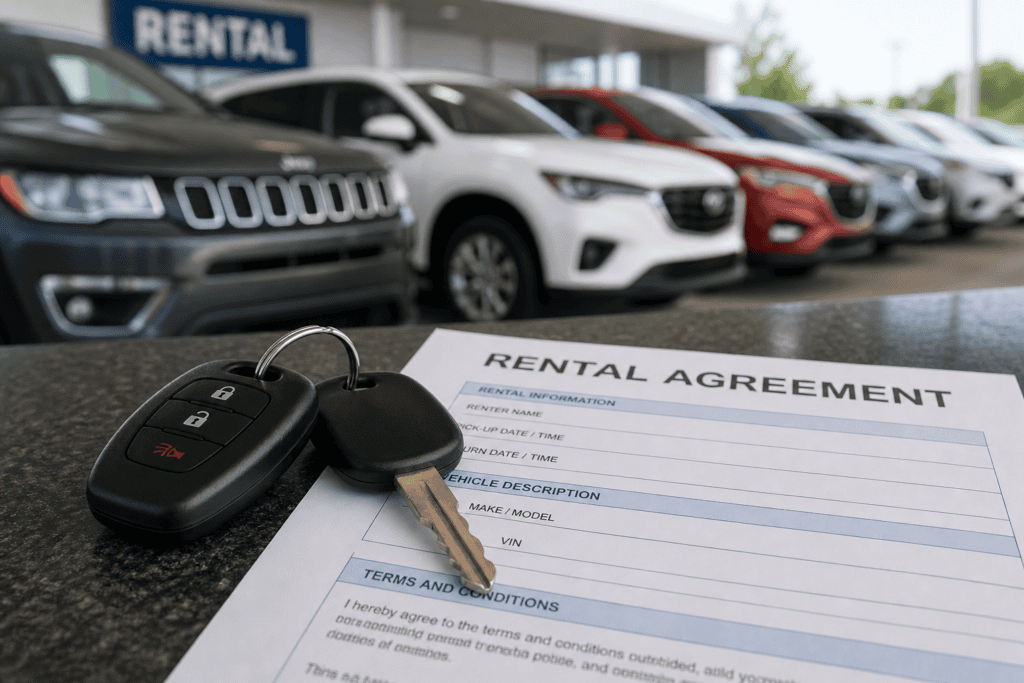 Car keys and rental agreement on a counter with parked rental vehicles in the background