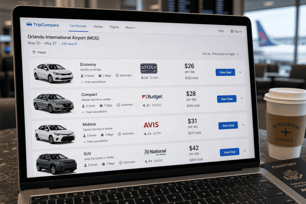 Laptop displaying a car rental price comparison in an airport lounge