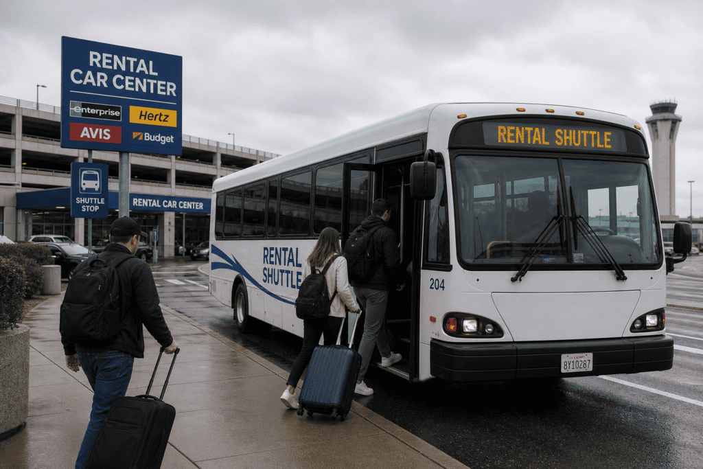 Rental car shuttle bus with travelers boarding near an airport facility