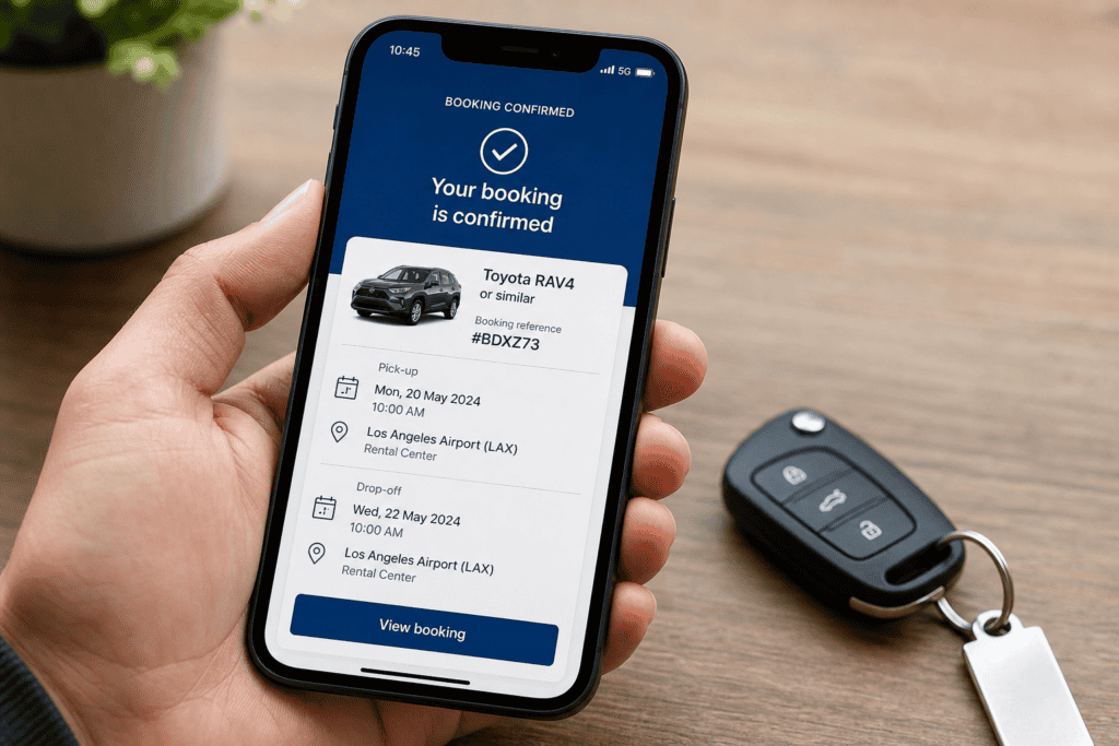 Smartphone showing a car rental reservation confirmation next to car keys.