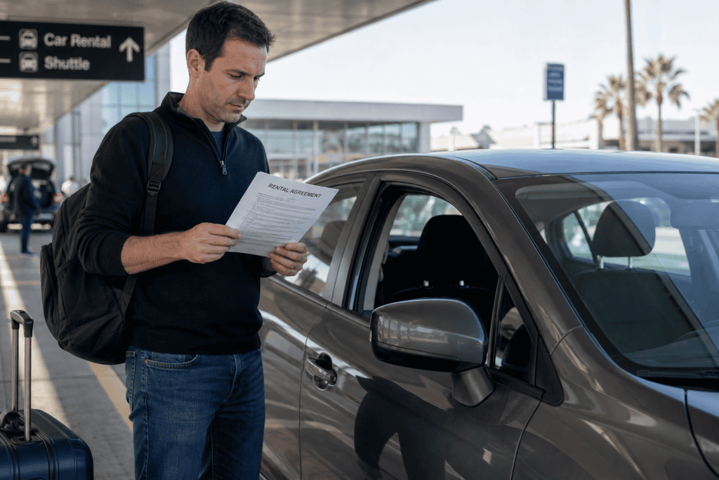 Traveler reviewing a rental car agreement before starting a trip.