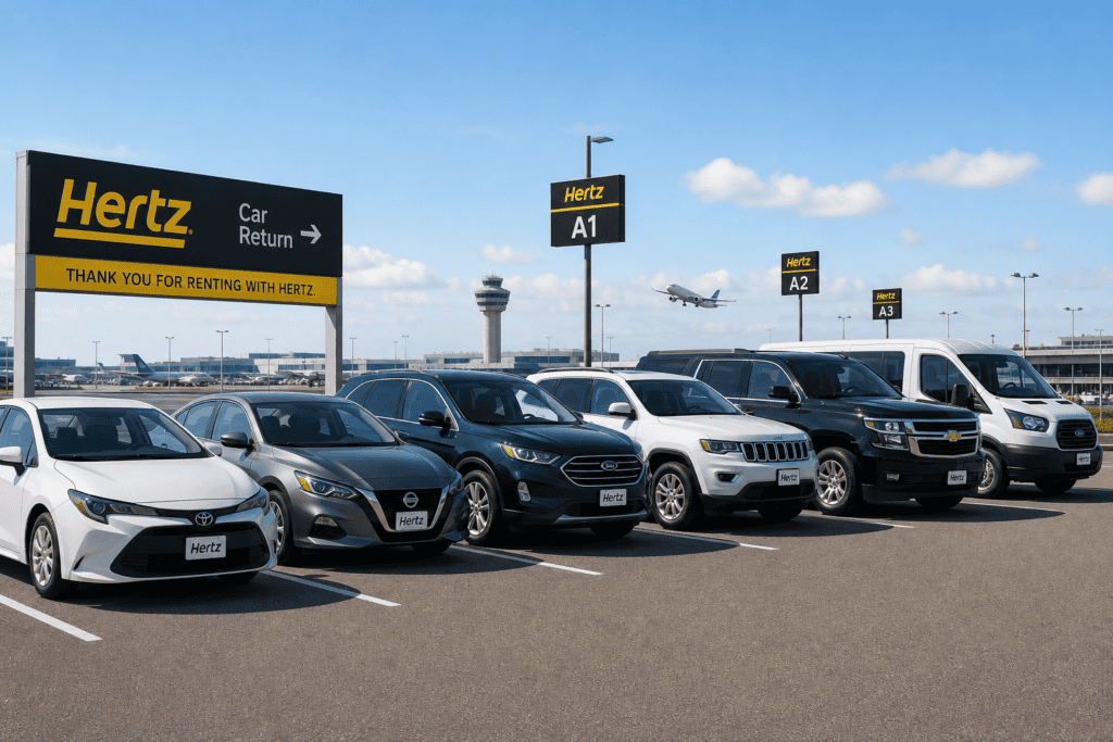 Rental cars of different sizes parked in an airport rental lot