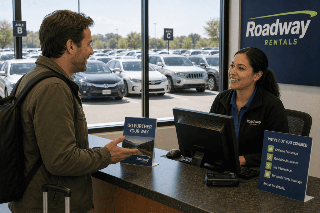 Traveler speaking with a rental car agent at a counter with vehicles visible outside