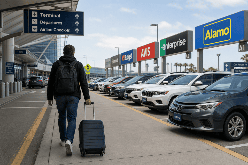 Traveler with luggage walking toward rental cars parked near an airport terminal