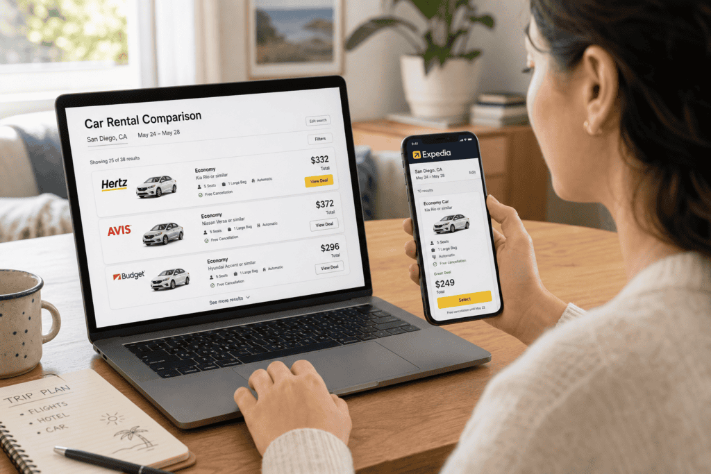 Traveler comparing two different rental car prices on laptop and phone